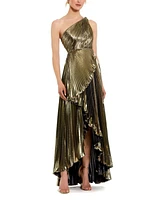 Mac Duggal Women's Pleated Metallic One Shoulder High Low Gown