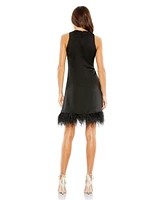 Mac Duggal Women's Feathered Hem High Neck Sleeveless A Line Dress