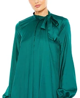 Mac Duggal Women's Soft Tie High Neck Pull Sleeve Shirt Dress