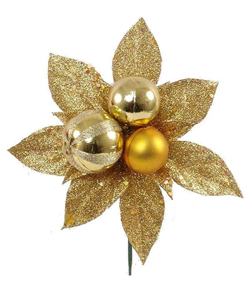 Floral Home Set of 12: Sparkling Glitter Poinsettia Picks with 3 Ornament Balls | Festive Accents | Christmas Picks 2024 Christmas Collection