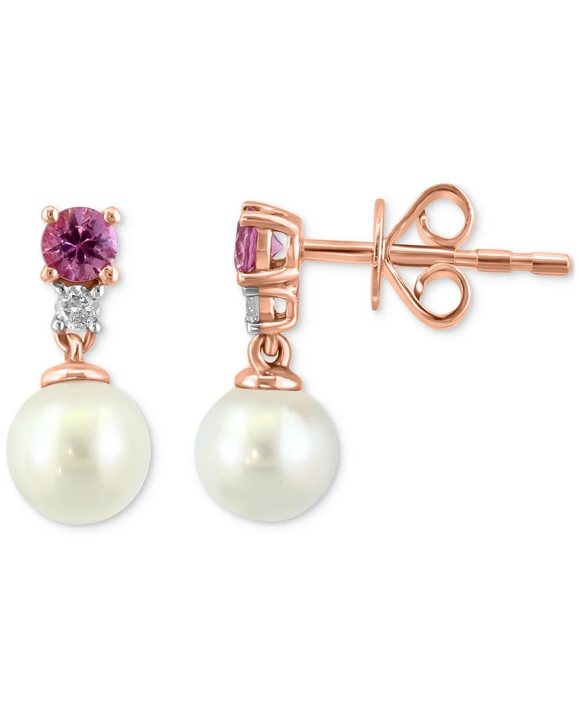 Effy Cultured Freshwater Pearl (5-1/2mm), Pink Sapphire (1/4 ct. t.w.), and Diamond (1/20 ct. t.w.) Drop Earrings in 14k Rose Gold