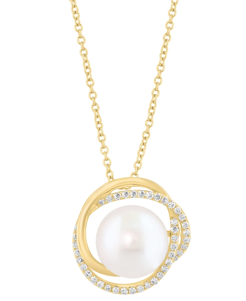 Effy Cultured Freshwater Pearl (10mm) & Diamond (1/6 ct. t.w.) Interlocking Circle 18" Pendant Necklace in 14k Gold