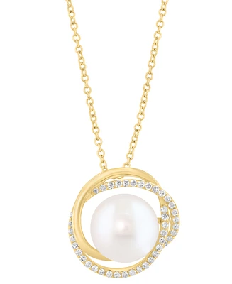 Effy Cultured Freshwater Pearl (10mm) & Diamond (1/6 ct. t.w.) Interlocking Circle 18" Pendant Necklace in 14k Gold