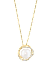 Effy Cultured Freshwater Pearl (10mm) & Diamond (1/6 ct. t.w.) Interlocking Circle 18" Pendant Necklace in 14k Gold