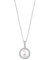 Effy Cultured Freshwater Pearl (10mm) & Diamond (5/8 ct. t.w.) Halo 18" Pendant Necklace in 14k White Gold