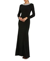 Mac Duggal Women's Jersey Long Sleeve Fitted Gown With Beaded Neck