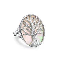 Bling Jewelry Large Statement Iridescent Oval Abalone Rainbow White Mother of Pearl Family Wishing Tree Of Life Ring For Women Wife .925 Sterling Silv