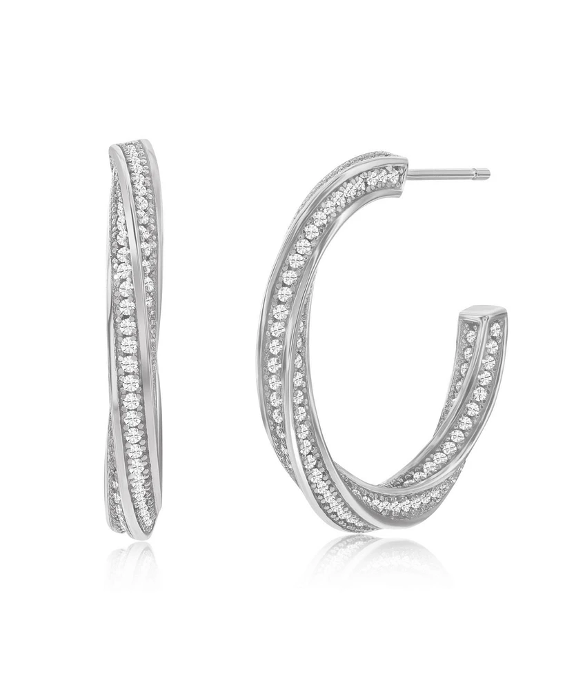 Suzy Levian New York Sterling Silver & White Cubic Zirconia Pave Twisted Hoop Earrings