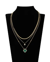 Unwritten Malachite Clover and Cubic Zirconia Bezel Layered Necklace Set