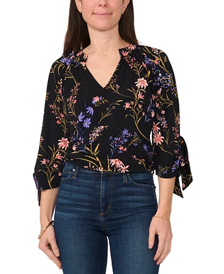 Sam & Jess Petite Printed 3/4-Tie-Cuff-Sleeve Top