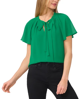 CeCe Women's Raglan Flutter-Sleeve Pleated Bow Blouse