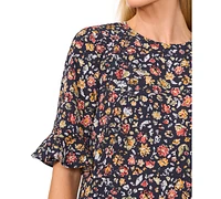 CeCe Women's Floral Round-Neck Ruffled-Cuff Blouse