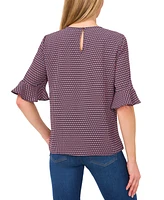 CeCe Women's Printed Ruffled-Sleeve Round-Neck Top