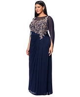 Betsy & Adam Plus Floral-Applique Cape-Sleeve Gown