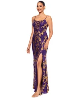 Betsy & Adam Petite Scoop-Neck Beaded Sequin Gown