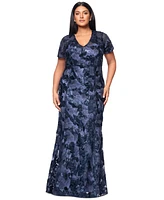 Betsy & Adam Plus Floral Sequin V-Neck Sheath Gown