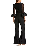 Mac Duggal Women's Mesh Long Sleeve Bodysuit With Satin Puff Sleeves