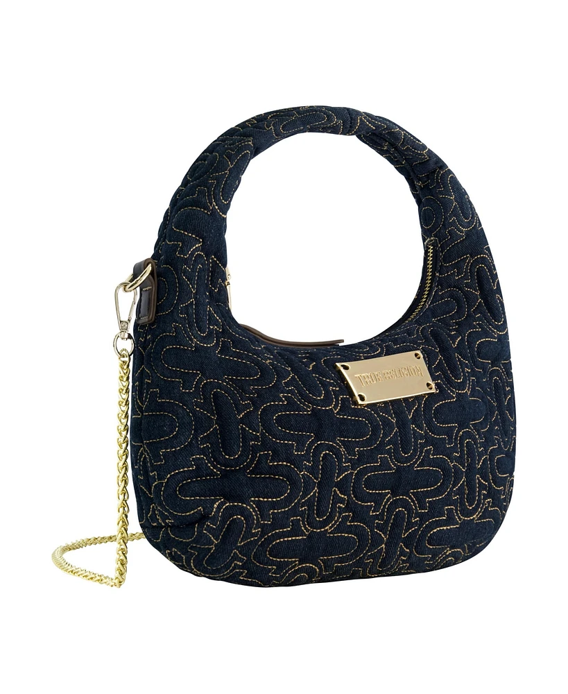 True Religion Women's Quilted Denim Hobo Bag with Gold Detailing