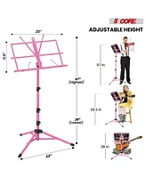 5 Core Music Stand For Sheet Music Portable Tripod Adjustable Folding Note Holder - Pink Higher Version