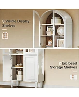 Tribesigns 68" Tall Arched Storage Cabinet, White 5-Tier Display Bookcase with Doors and Adjustable Shelves, Farmhouse Wooden Bookshelf, Kitchen Pantr