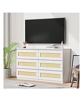 gaomon Rattan Dresser For Bedroom, 6 Drawer Modern Wide Chest Of Drawers With Anti-Tip Kit