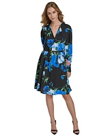 Halston Women's Long-Sleeve Belted A-Line Dress