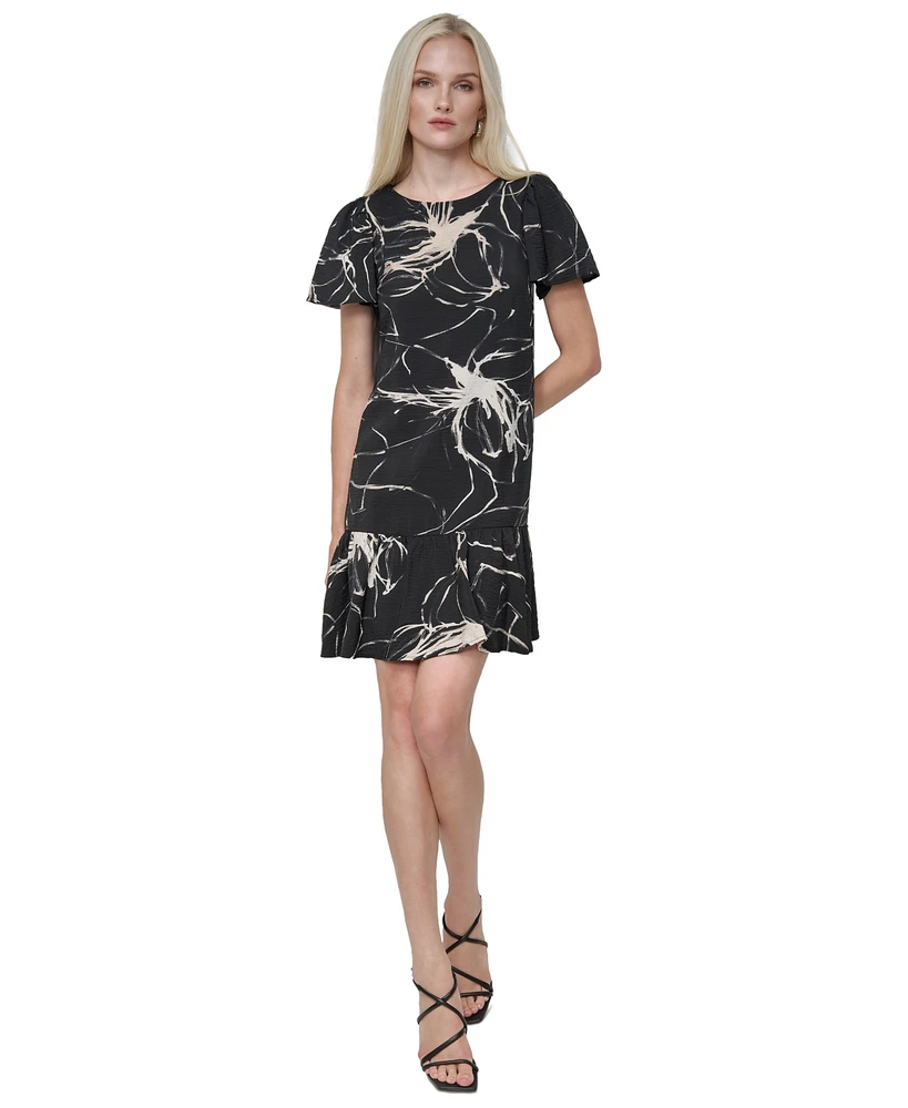 Dkny Women's Printed Flutter-Sleeve Flounce-Hem Dress