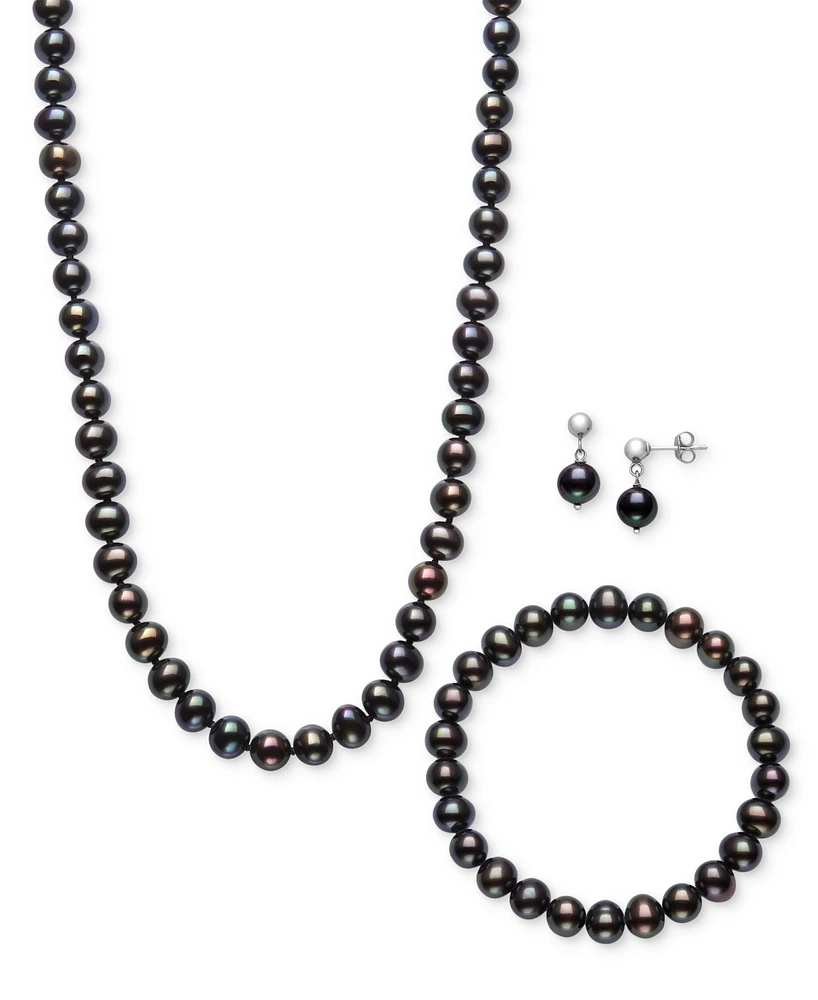 3-Pc. Set Dyed Peacock Black Cultured Freshwater Baroque Pearl (6-7mm) Necklace, Bracelet & Drop Earrings in Sterling Silver