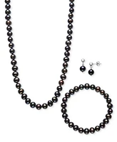 3-Pc. Set Dyed Peacock Black Cultured Freshwater Baroque Pearl (6-7mm) Necklace, Bracelet & Drop Earrings in Sterling Silver