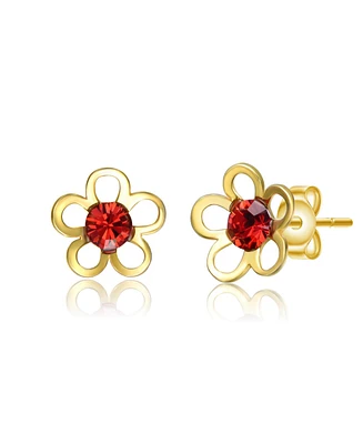 GiGiGirl Sterling Silver 14K Gold Plated with Red cubic zirconia Daisy Flower Stud Earrings