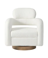 WestinTrends Mid-Century Modern Faux Sherpa Swivel Barrel Accent Chair With Storage Ottoman
