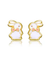 GiGiGirl Sterling Silver 14K Gold Plated White Enamel & Pink Bow Tie Bunny Rabbit Stud Earrings