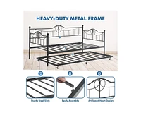 Twin Daybed with Trundle, Modern Pull Out Day Bed Frame with Vintage Headboard, Metal Daybed with Sturdy Slat Support,for Small Spaces, Kids Room, Liv