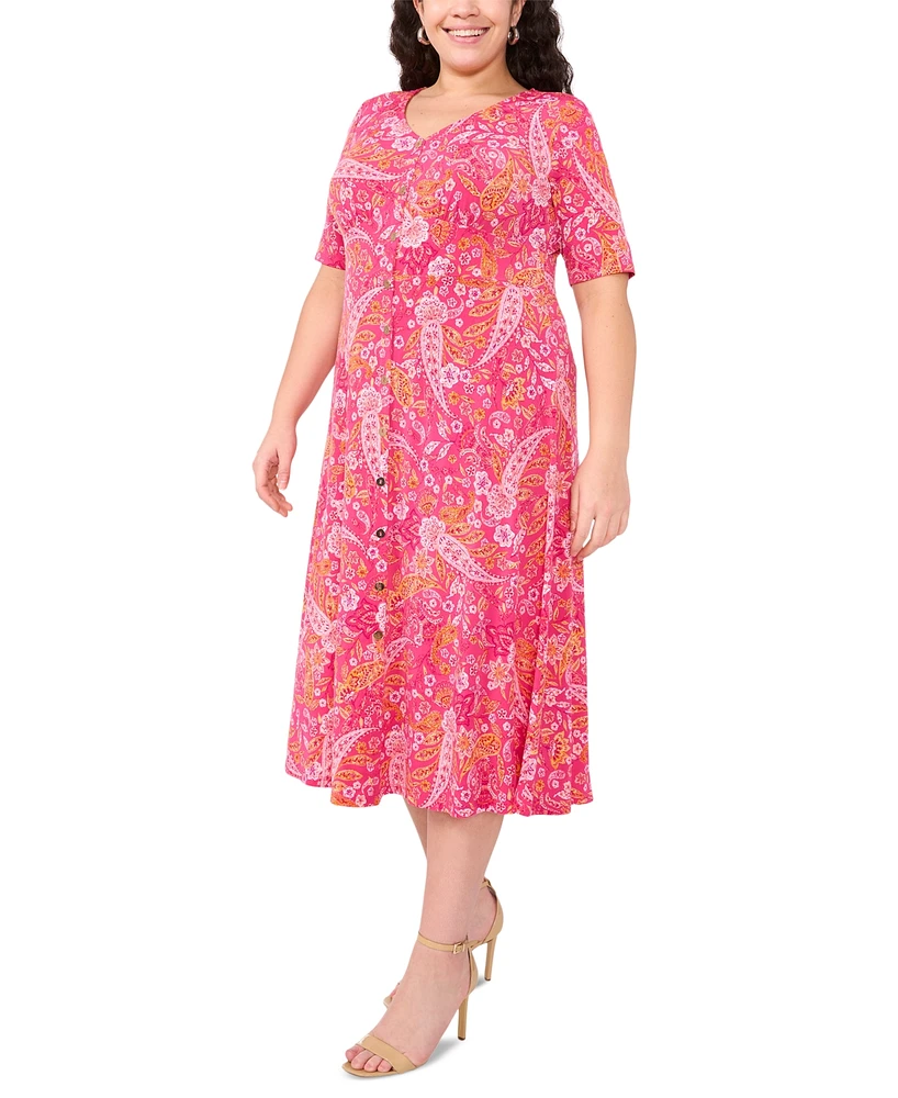 Msk Plus Paisley-Print Short-Sleeve Shirtdress