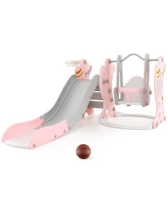 Gouun 4 In 1 Kids Slide Swing Set With Basketball Hoop