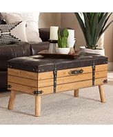 Baxton Studio Amena Rustic Transitional Dark Brown Pu Leather Upholstered and Oak Finished Wood Large Storage Ottoman