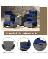 Gouun 5 Piece Patio Rattan Furniture with 2 Ottomans and Tempered Glass Table