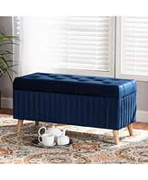 Baxton Studio Hanley Modern and Contemporary Navy Blue Velvet Fabric Upholstered and Walnut Brown Finished Wood Storage Ottoman