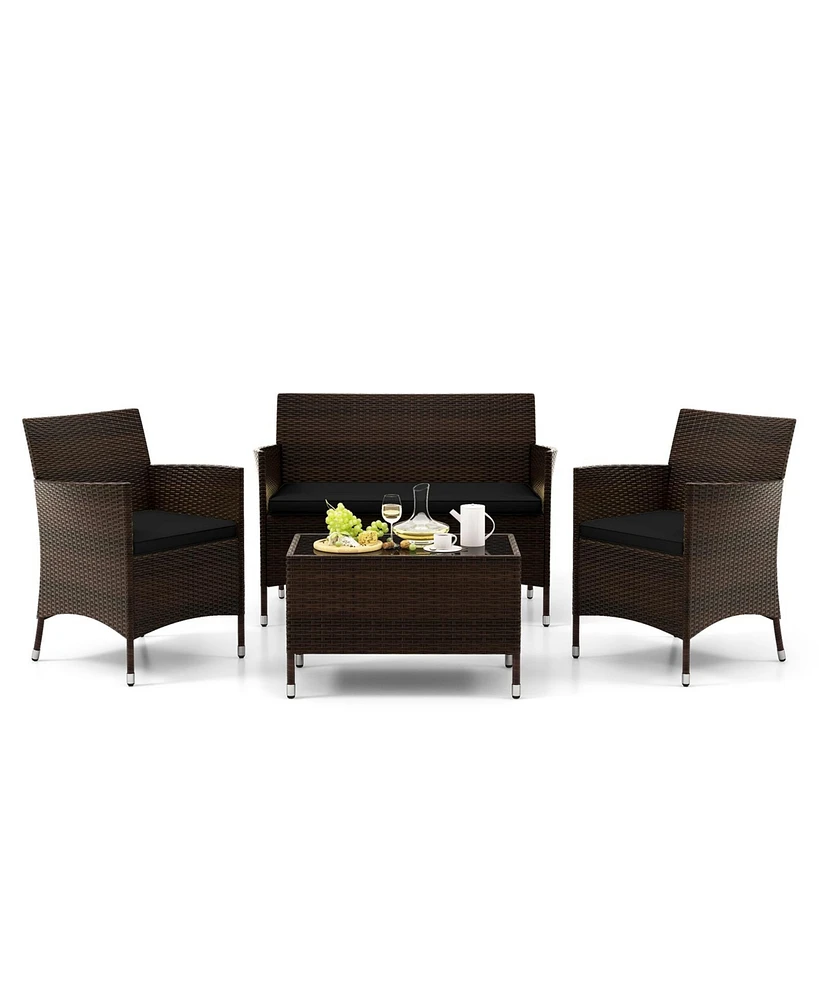 Gouun 4 Pieces Rattan Sofa Set with Glass Table and Comfortable Wicker for Outdoor Patio