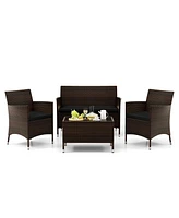 Gouun 4 Pieces Rattan Sofa Set with Glass Table and Comfortable Wicker for Outdoor Patio