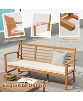 Gouun Patio 64 Inch Wood Bench with Seat Cushion and Slatted Seat for Backyard-Off