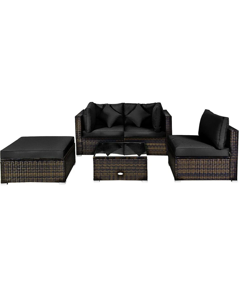 5 Pcs Outdoor Patio Rattan Furniture Set Sectional Conversation with Cushions