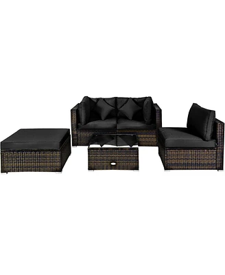 Gouun 5 Pieces Cushioned Patio Rattan Furniture Set with Glass Table