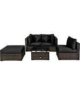 Gouun 5 Pieces Cushioned Patio Rattan Furniture Set with Glass Table