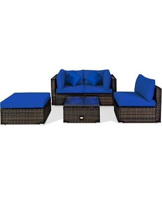 5 Pcs Outdoor Patio Rattan Furniture Set Sectional Conversation with Cushions