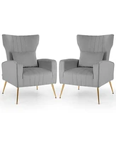 Gouun Velvet Upholstered Wingback Chair with Lumbar Pillow and Metal Legs