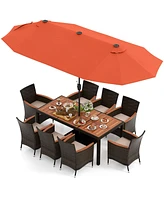 Gouun 11 Pieces Patio Dining Set with 15 Feet Double-Sided Patio Umbrella and Base