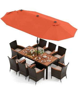 Gouun 11 Pieces Patio Dining Set with 15 Feet Double-Sided Patio Umbrella Base