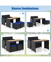 Gouun 4 Piece Outdoor Dining Set with Wood Topped Dining Table Rattan Loveseat Chair and 2 Ottomans