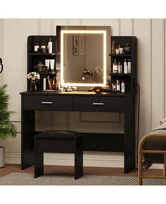 gaomon Vanity Desk with Mirror and Lights, Makeup Vanity Set w/Desk and Stool